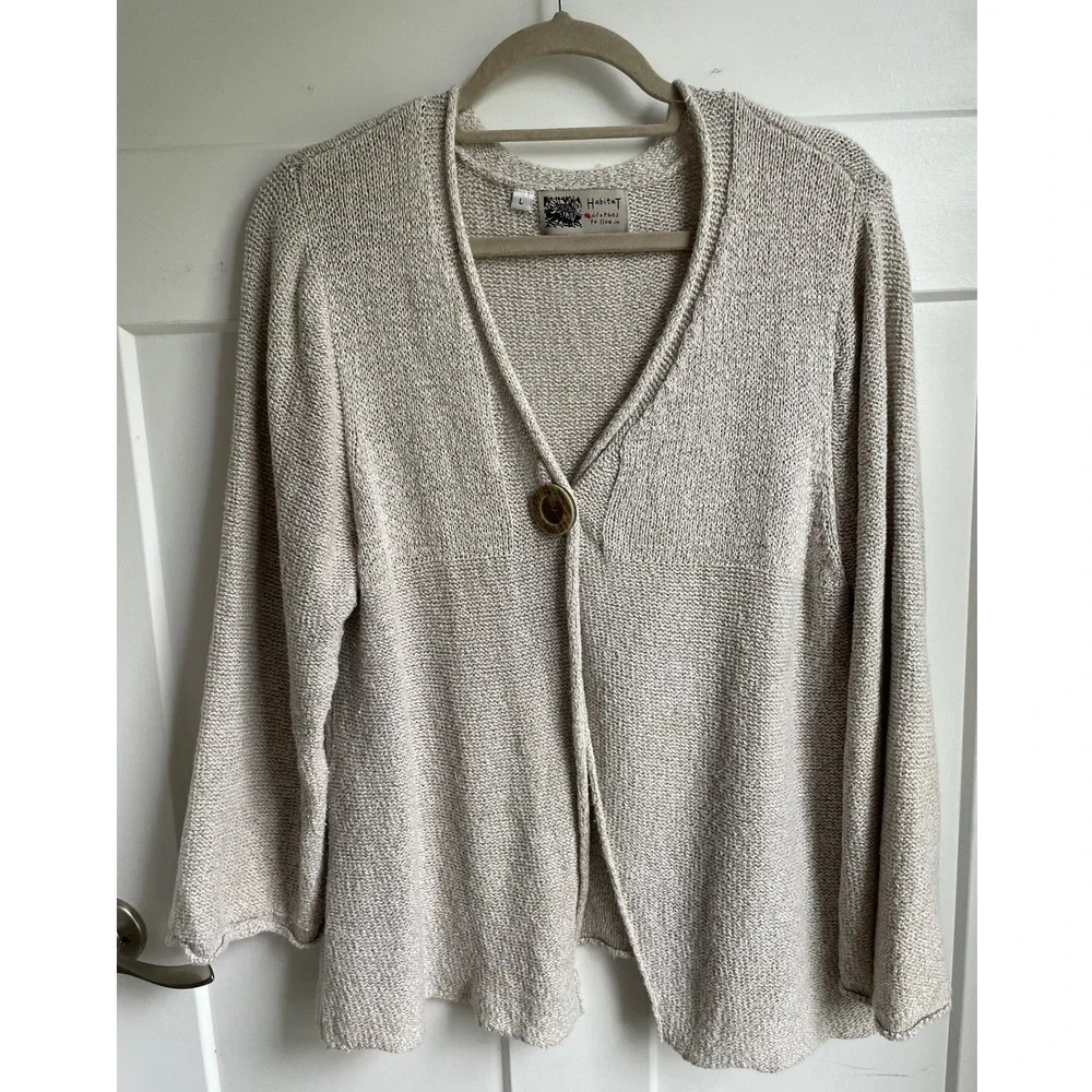 Habitat Linen Cotton Neutral Oatmeal One Button Cardigan Sweater L Lagenlook - Picture 1 of 10